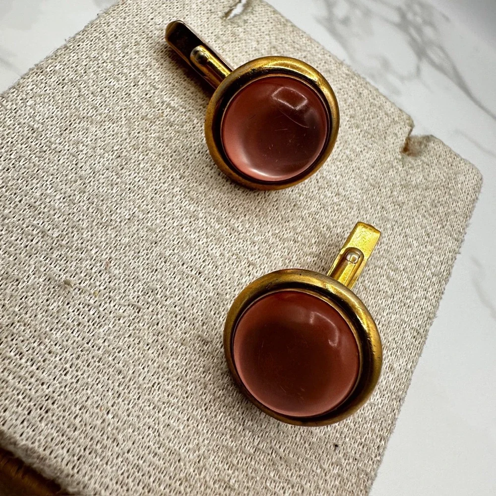 Vintage Gold Tone Round Cufflinks Pink Peach Moonstone Cabochon Mid Century Boho